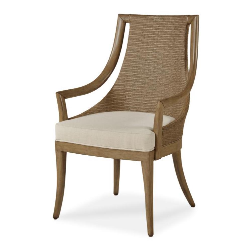 contemporary wood framed dining arm chair rattan back flax color upholstered seat