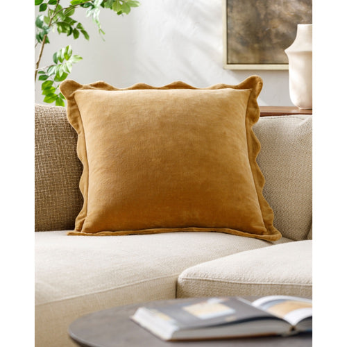 square accent pillow scalloped flange mustard gold velour