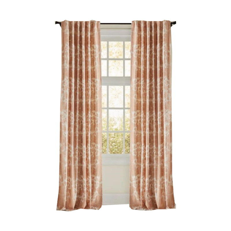 Marissa Rose Gold Curtain Panel by Emdee Int'l, featuring brown floral and metallic print, with light streaming through.