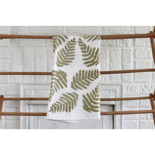 white flour sack tea towel green printed ferns