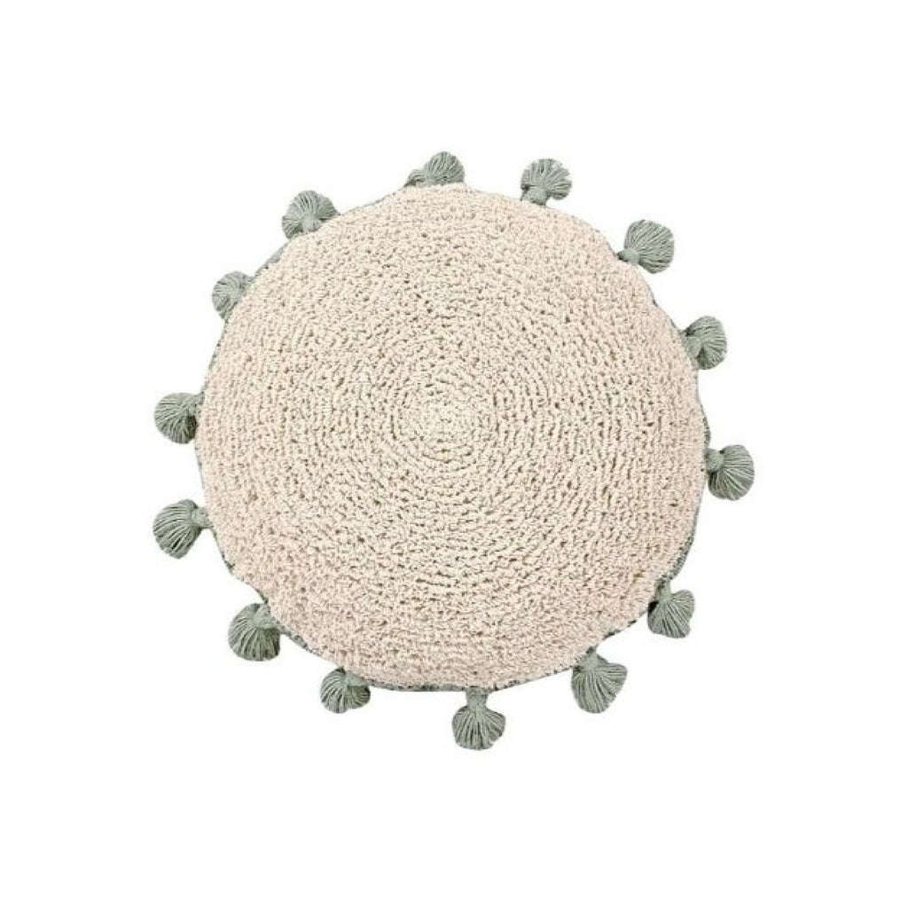 Lorena Canals' Circle Sage Tassel Cushion: a handmade, beige cotton pillow with green tassels, washable fabric.