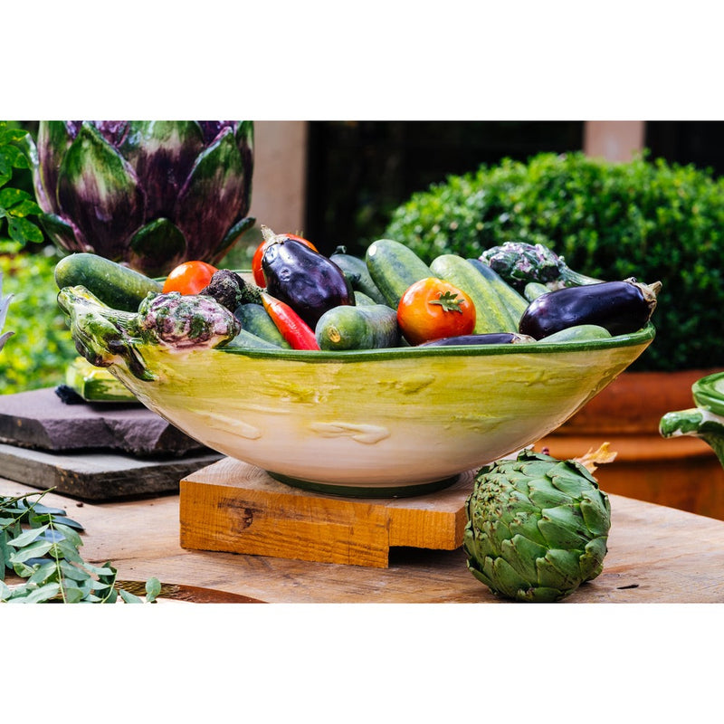 large ombre-like green bowl artichoke handles