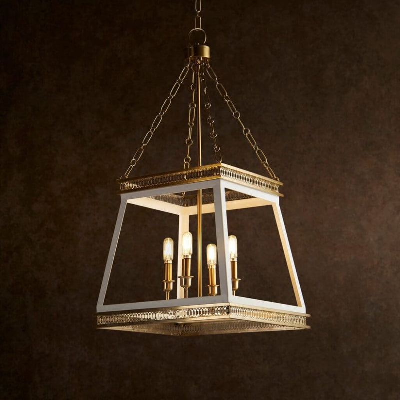 hanging lantern white frame brass detail chain 4 bulb