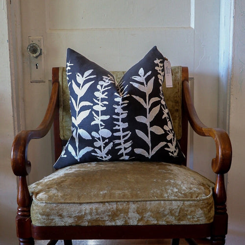 square pillow gray linen white eucalyptus branches 