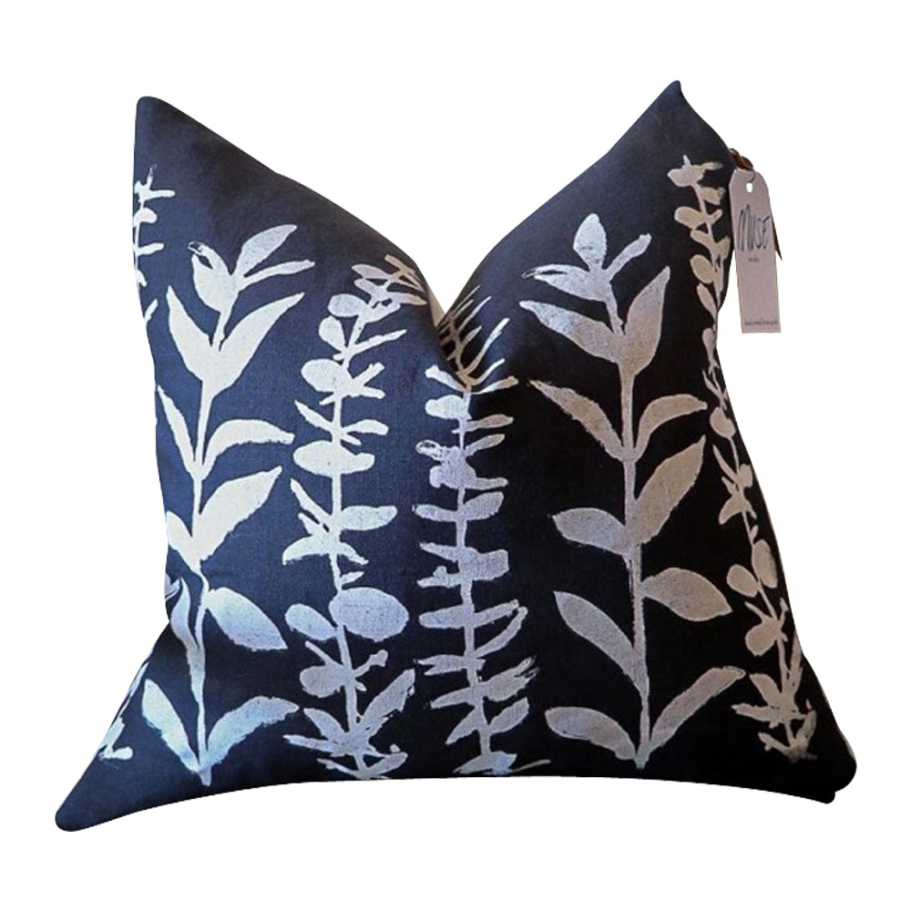 square pillow gray linen white eucalyptus branches 