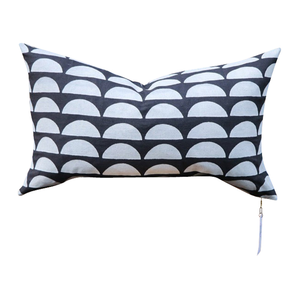 dark gray lumbar pillow white half moons