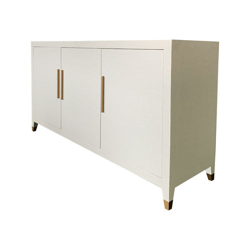 off-white raffia wrapped 3-door buffet server brass hardware