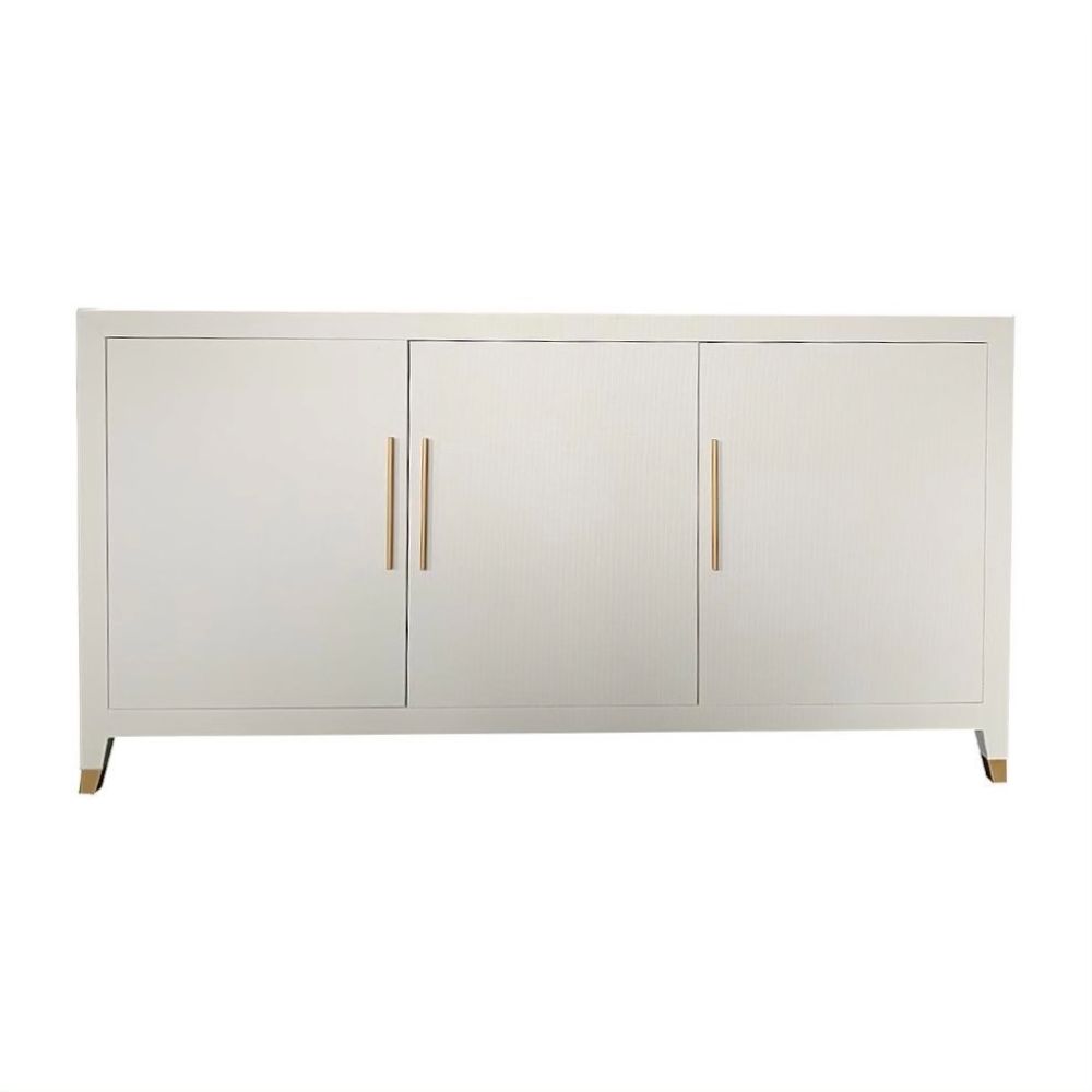 off-white raffia wrapped 3-door buffet server brass hardware