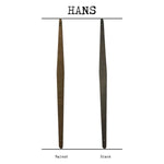 Two wooden chair legs labeled "Walnut" and "Black" under the heading "HANS," crafted with the same meticulous care as Barloga Studios' Art Print Frameless Hans Wood Hangers (available in various sizes and finishes) made in the USA.