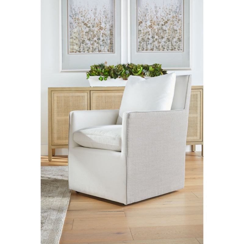 white upholstered arm chair linen back sides