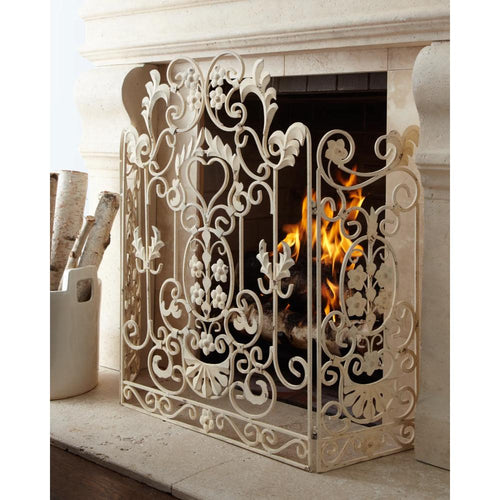 Fireplace Screen Panel Scroll Design in White Floral Finish