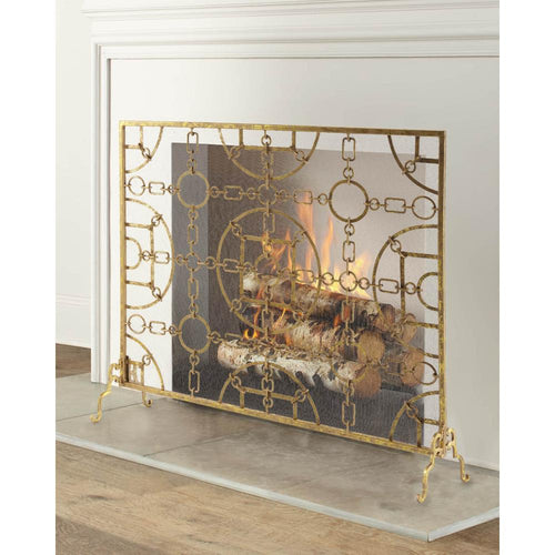 fireplace screen gold mottled iron links equestrian circles geometric stand single panel