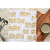 white flour sack tea towel silver gold holiday houses