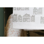 white flour sack tea towel silver gold holiday houses