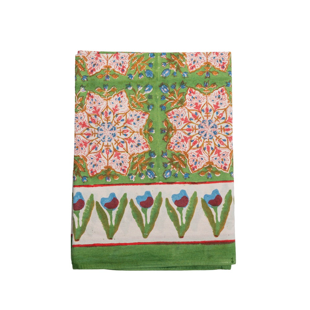 pink green block-printed cotton tablecloth