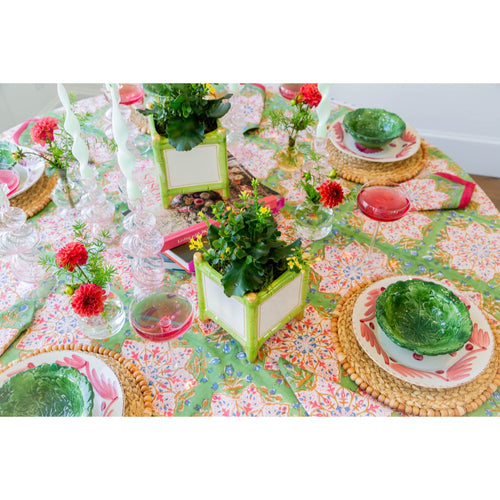 pink green block-printed cotton tablecloth