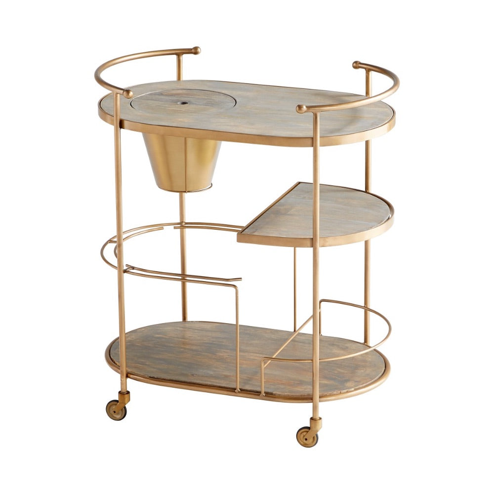 oval bar cart brass finish 3 shelves casters