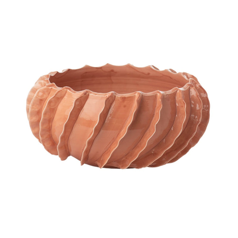 clay color ceramic round bowl crimped vertical ribbons 