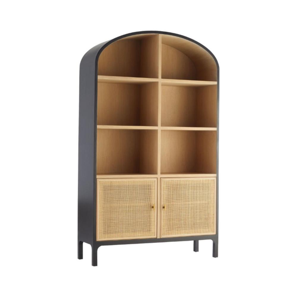 black arched wood cabinet rattan lower doors