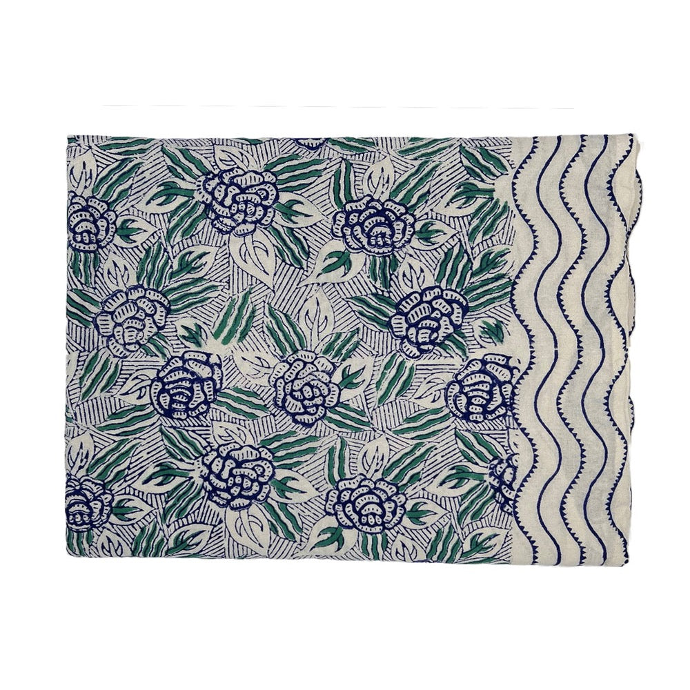 ivory navy green floral block-printed cotton tablecloth