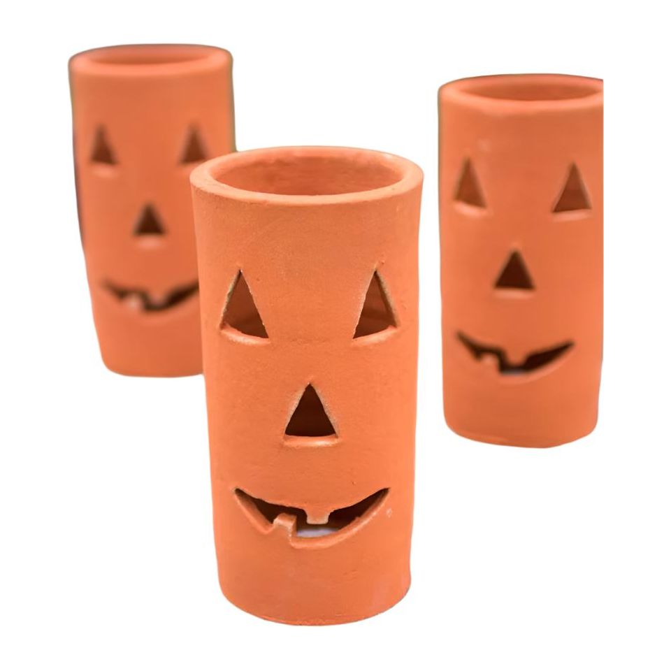 A set of six terracotta pots, branded as Kalalou's Clay Jack-O-Lanterns, featuring carved pumpkin faces on a white background. Ideal for bringing charm to your Halloween celebration!