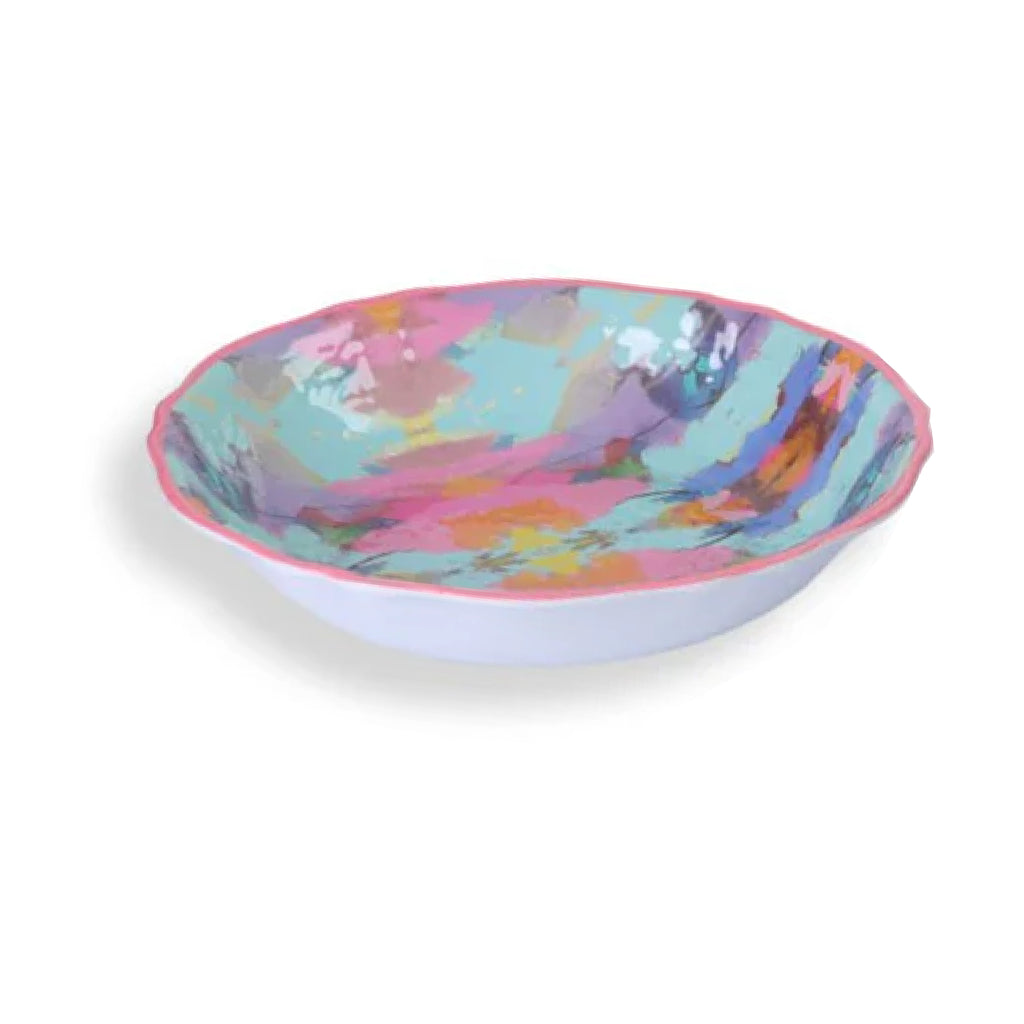 Laura Park Designs' Antiqua Smile Melamine Serving Bowl features a BPA-free ceramic look with abstract pastel patterns and a pink rim.