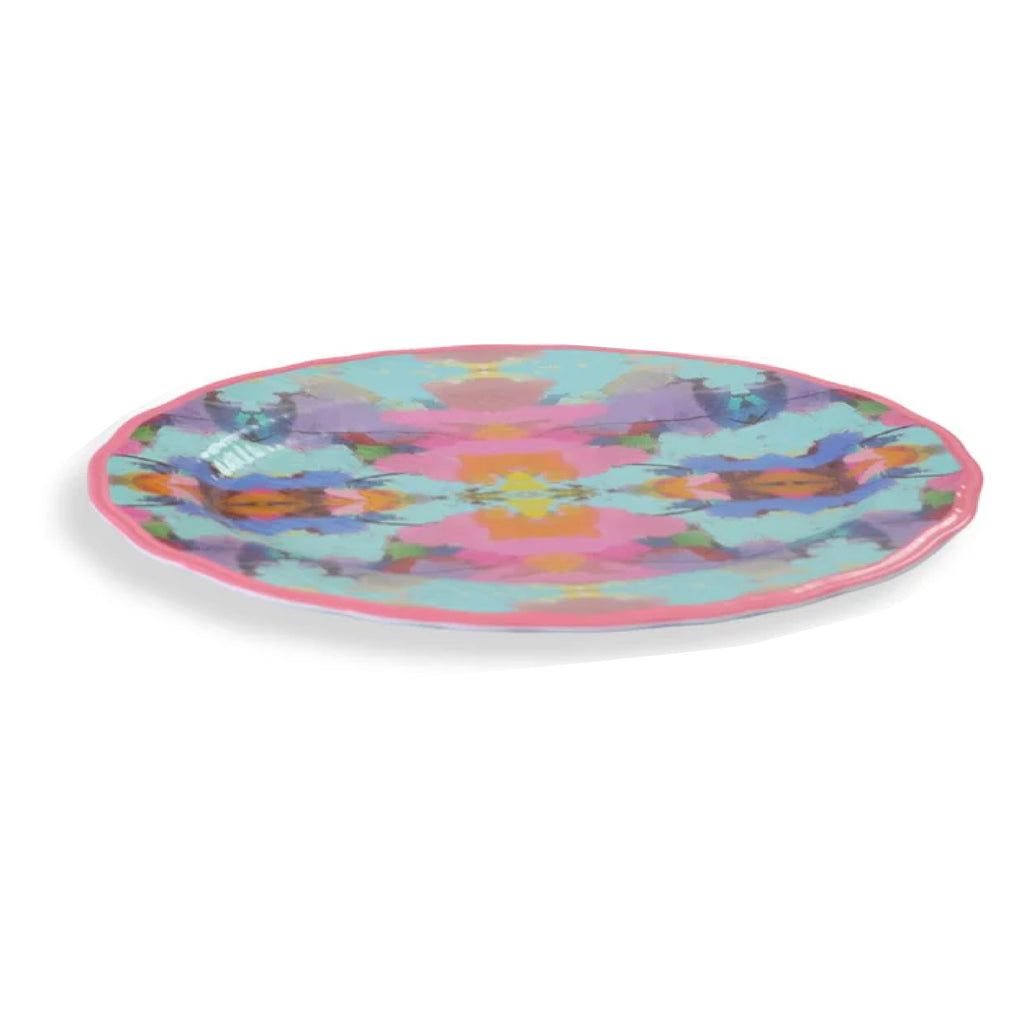 Laura Park Designs' Antiqua Smile Melamine Platter features an abstract pattern in blue, pink, and yellow. BPA-free ceramic.