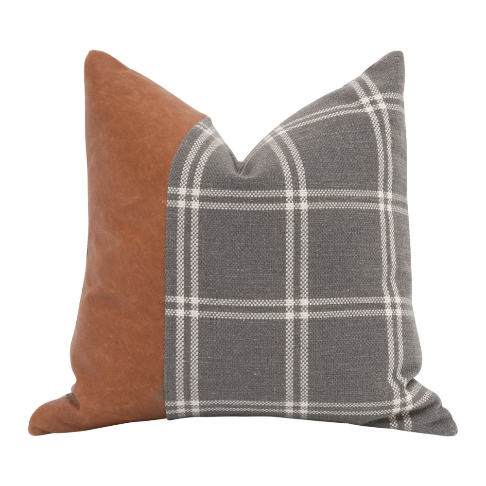 20" square pillow grey off-white plaid leather