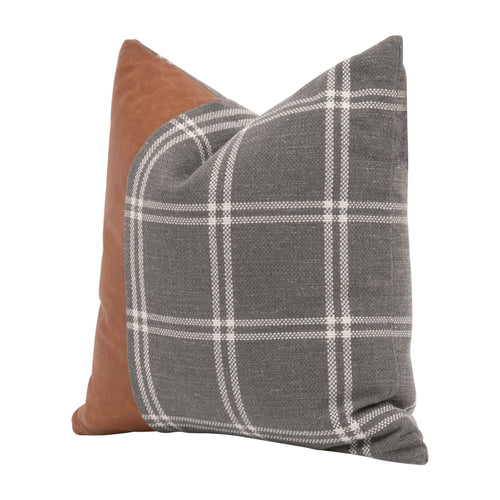 20" square pillow grey off-white plaid leather