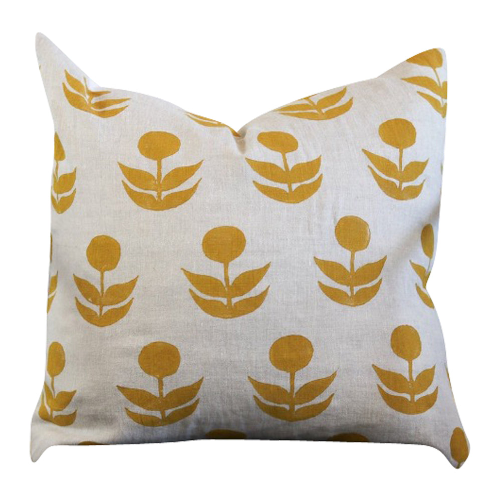 The Mustard Flowers Accent Pillow by Muse Textiles is a square white pillow adorned with a pattern of mustard flowers, making it an ideal accent piece for any room.