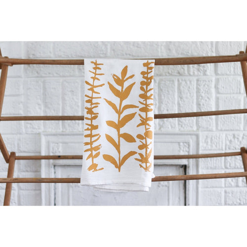 white flour sack tea towel yellow mustard eucalyptus