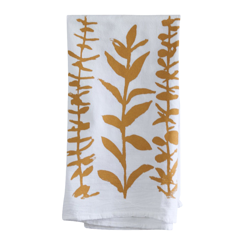 white flour sack tea towel yellow mustard eucalyptus