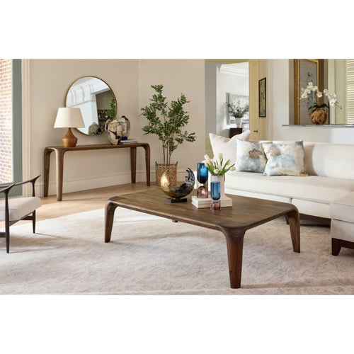 medium brown solid wood console table rounded corners