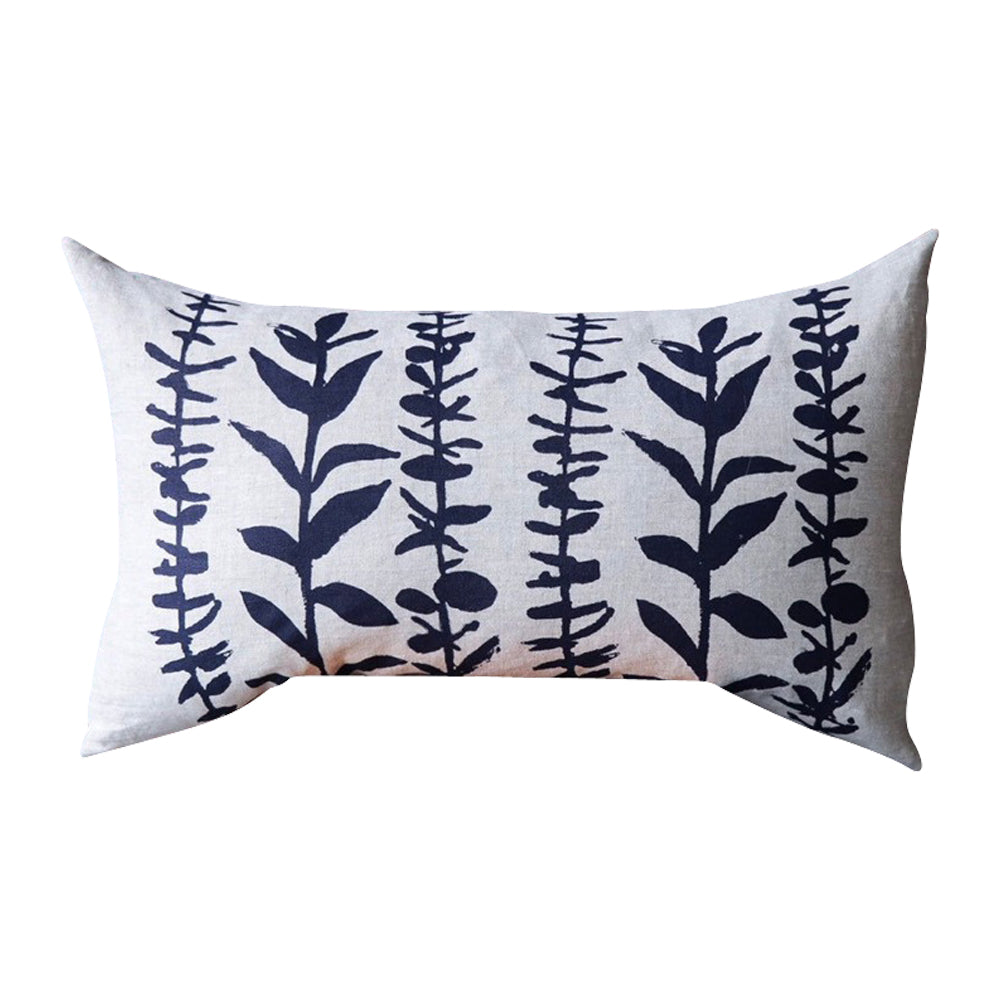 lumbar pillow linen navy block printed eucalyptus branches