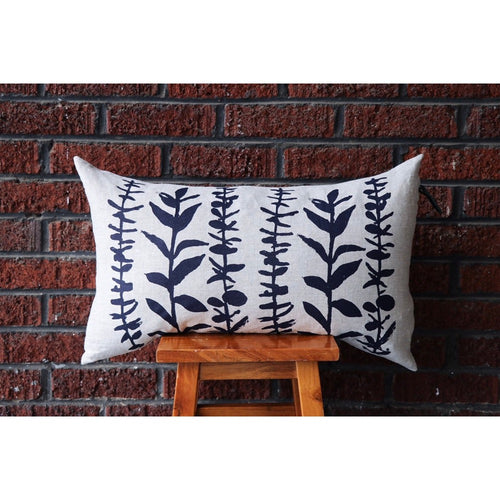 lumbar pillow linen navy block printed eucalyptus branches