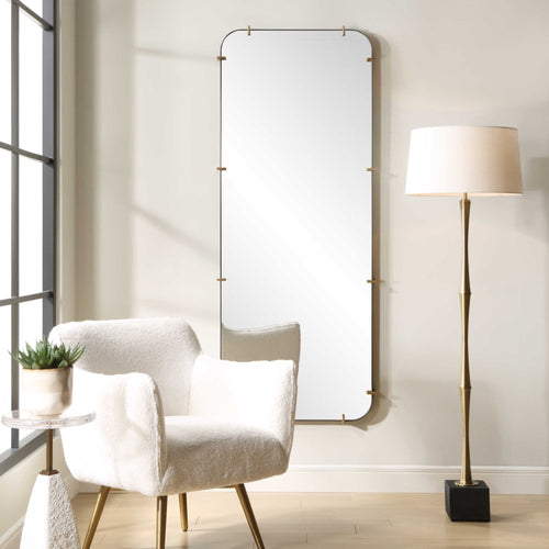 tall rectangle rounded corners wall mirror black frame brass accents