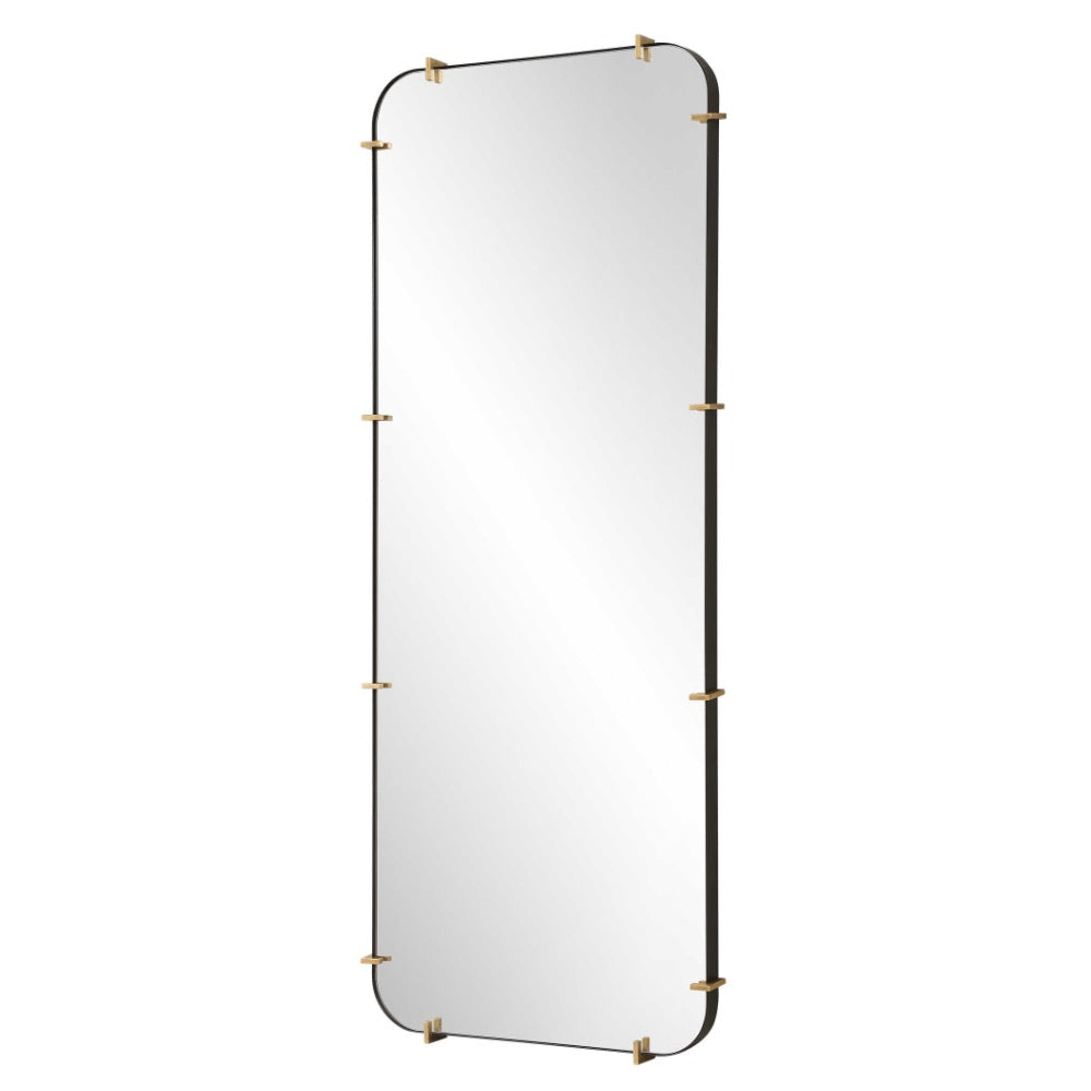 tall rectangle rounded corners wall mirror black frame brass accents