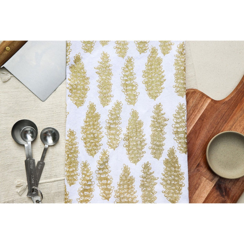 white flour sack tea towel silver gold pinecones