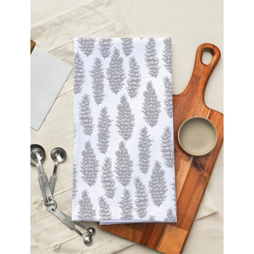 white flour sack tea towel silver gold pinecones