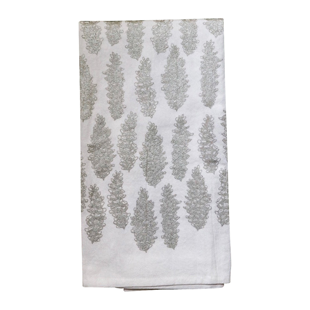 white flour sack tea towel silver gold pinecones