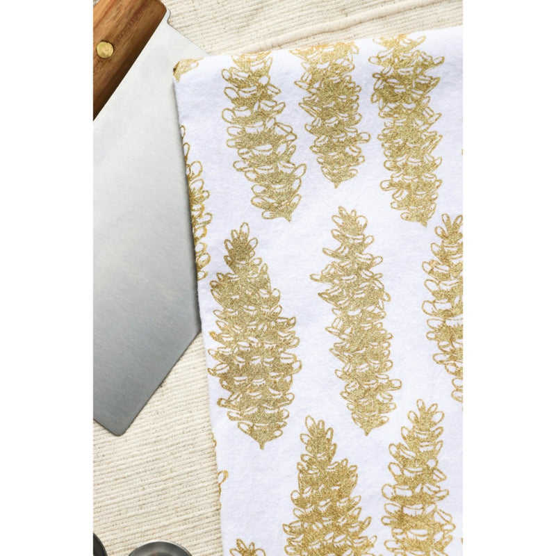 white flour sack tea towel silver gold pinecones