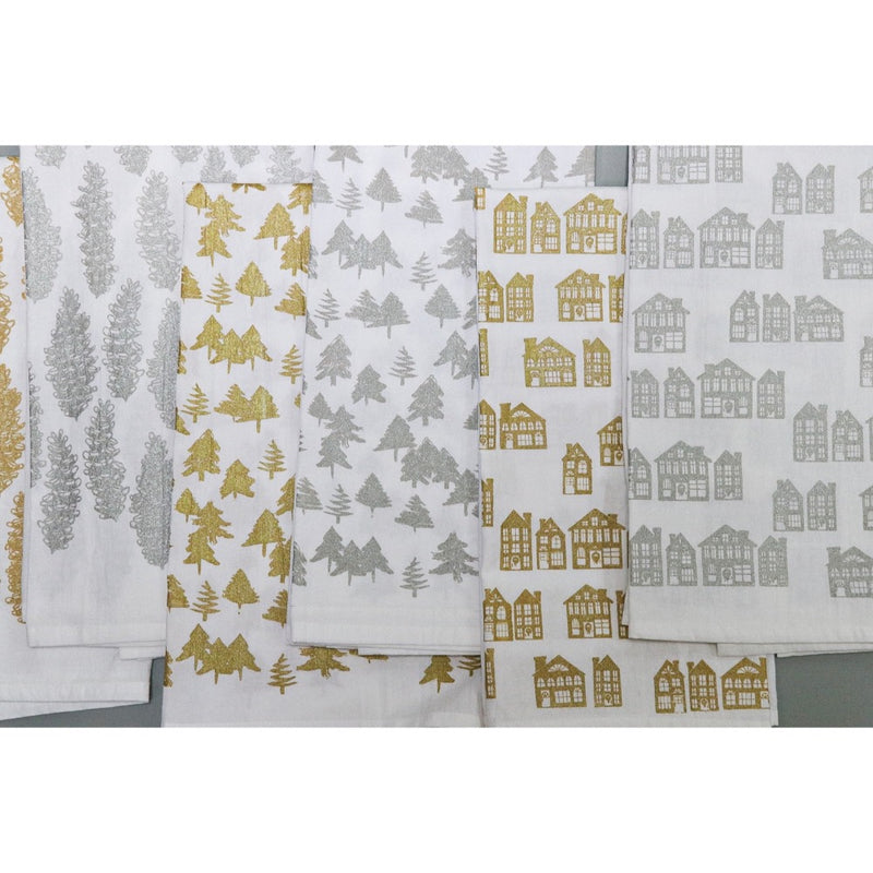 white flour sack tea towel silver gold holiday trees