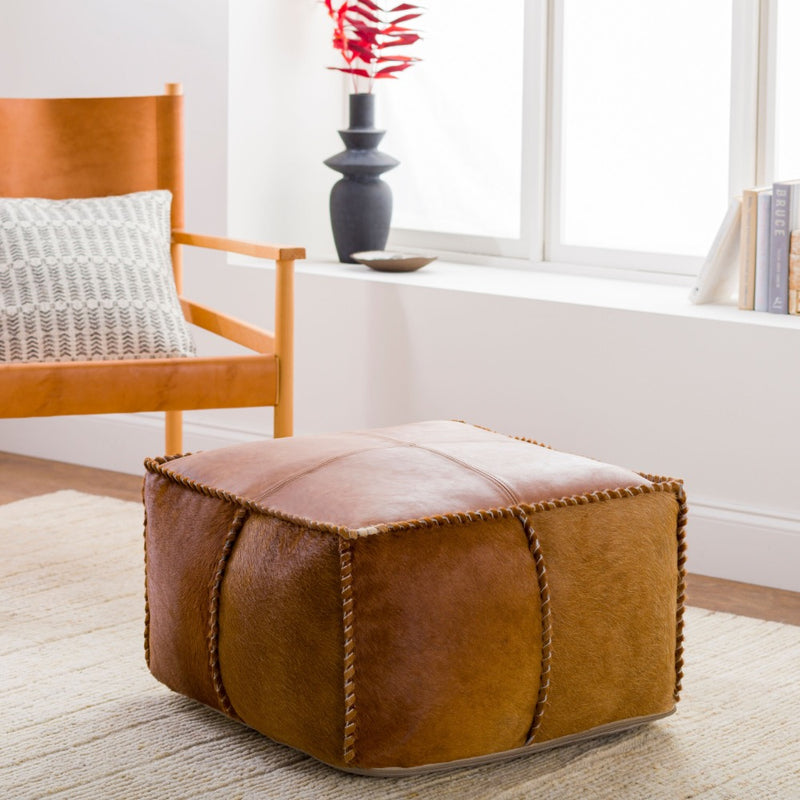 square pouf brown leather hide-on-hair