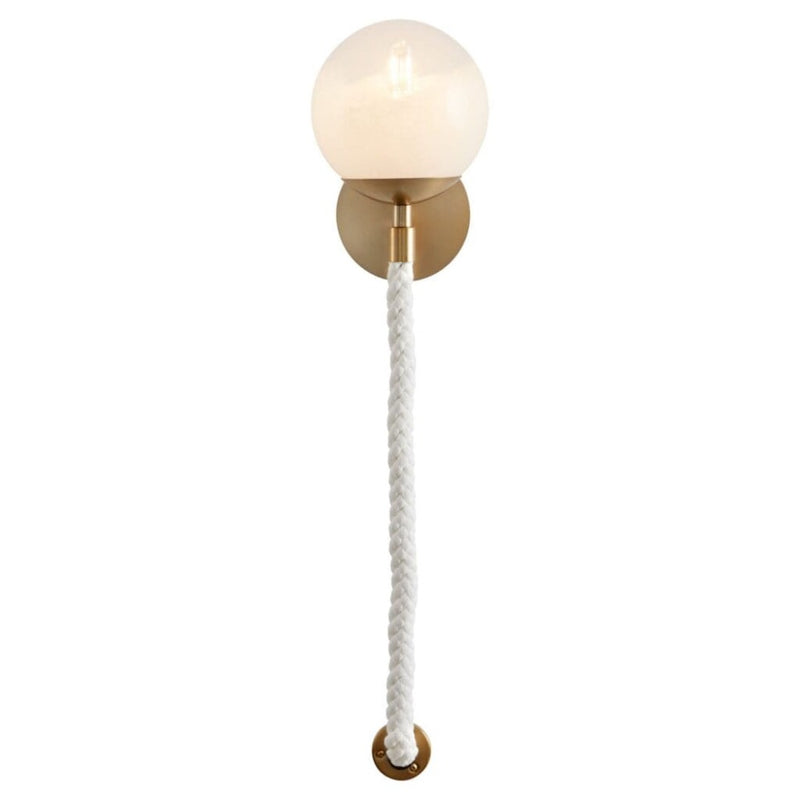 wall sconce milky white round bulb aged brass metal white cotton nautical rope