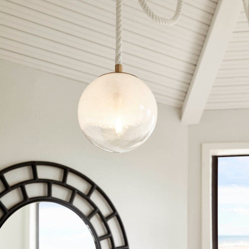 pendant light milky white round bulb aged brass metal white cotton nautical rope