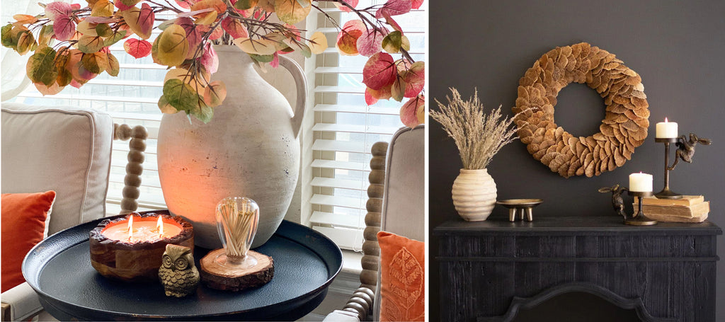 Left: A table with autumn-themed decor, including candles, vases, and an owl ornament. Right: A dark cabinet with candles, books, and a wreath.