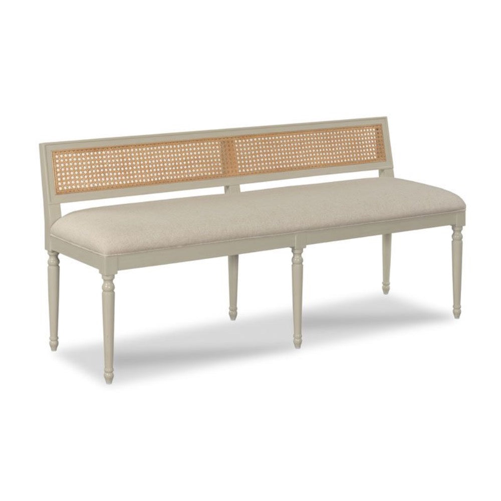 open cane back bench upholstered linen