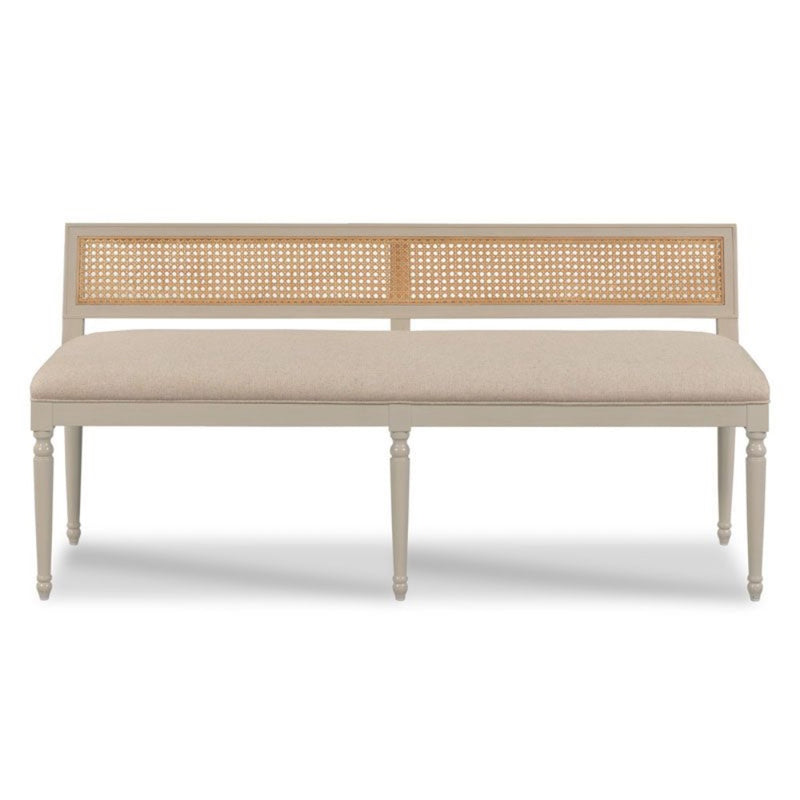 open cane back bench upholstered linen