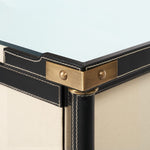 leather wrapped canvas drawer desk black gold accents