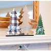 set 3 wood cutout Christmas trees, green joy natural merry black + white buffalo check Noel